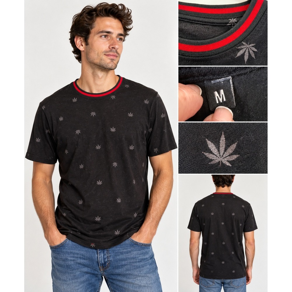 Unbranded Leaf Print T-Shirt Mens L Streetwear Edgy Black Red Ringer Tee